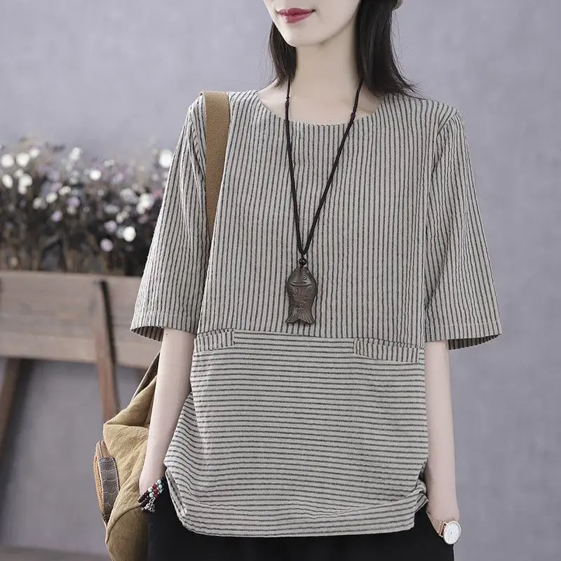 Vintage Striped T Shirts Summer New Short Sleeve All-match Loose Plus Size Street Casual Tops Tees Fashion Office Women Clothing