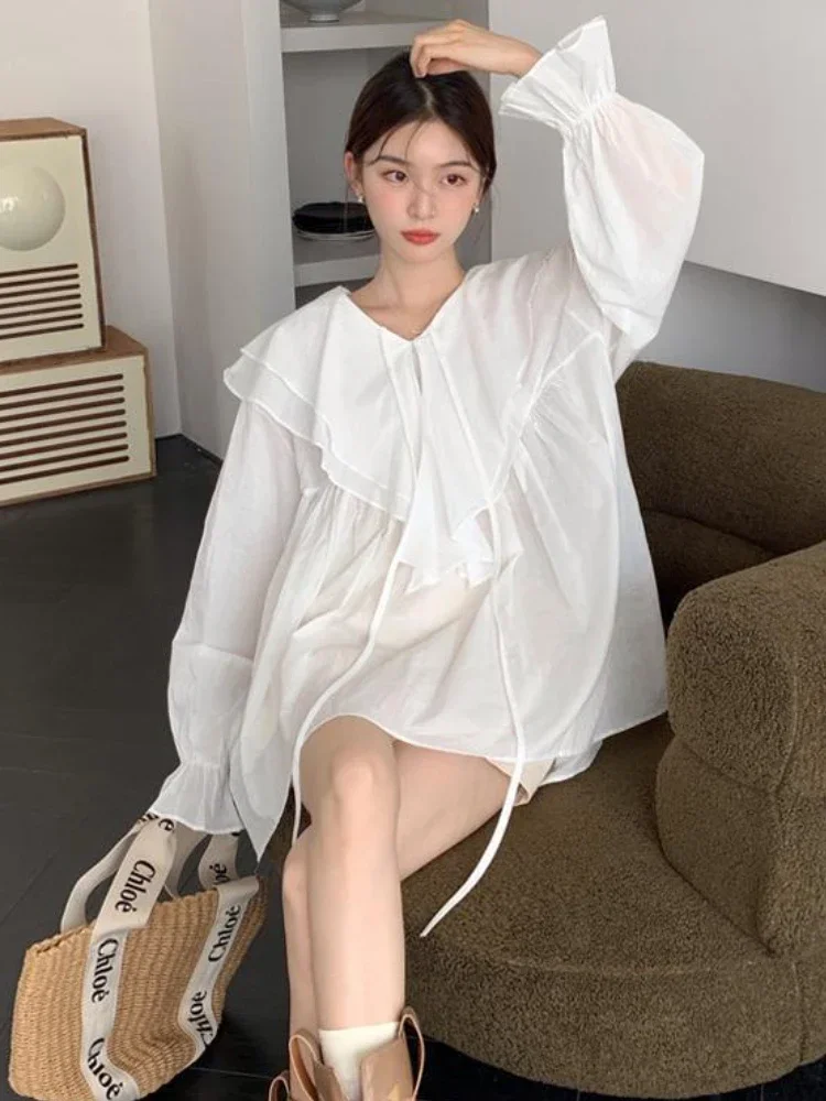 

Блузка TPJB с оборками Женская Солнцезащитная белая элегантная свободная весенне-летняя Тонкая Блузка женские блузы в эстетическом Ретро Корейском стиле милый