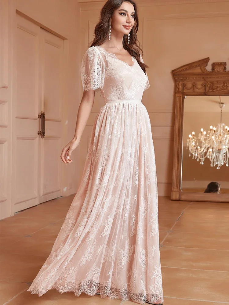 2024 Spring Summer Women\'s Pink Lining White Lace Backless Wedding Bridesmaid Dress Long Vestidos De Fiesta