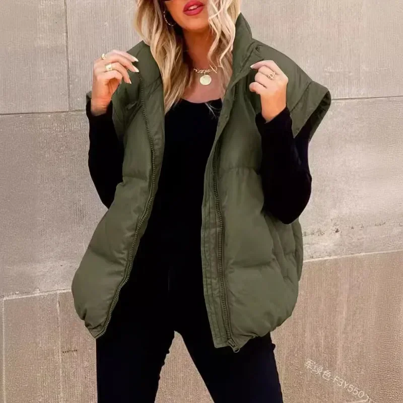 

Women Sleeveless Zipper Parka Vest Jacket Coat Solid Color Autumn Winter Warm Vests Casual Fashion
