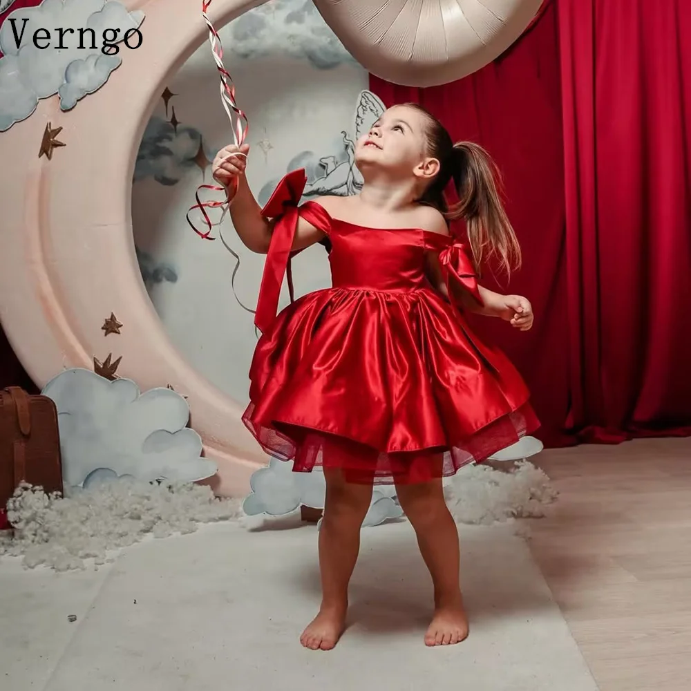 

Красное атласное мини-платье Verngo для девочек с цветочным узором, с открытыми плечами, короткое, с бантом, для дня рождения, вечеринки, платье принцессы, платье для знаменитостей, на заказ