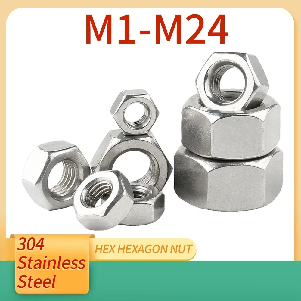 1-100Pcs M1 M1.2 M1.4 M1.6 M2 M2.5 M3 M3.5 M4 M5 M6 M8 M10 M12 M16 M20 M24 304 Stainless Steel DIN934 Hex Hexagon Nut Screw Bolt