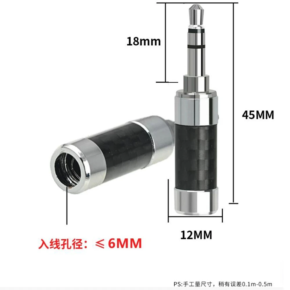 2pcs 3.5mm 3 Pole Stereo Metal Adapter Carbon Fiber Audio Jack Rhodium Plated Copper Earphone Plug Headphone Wire Connector