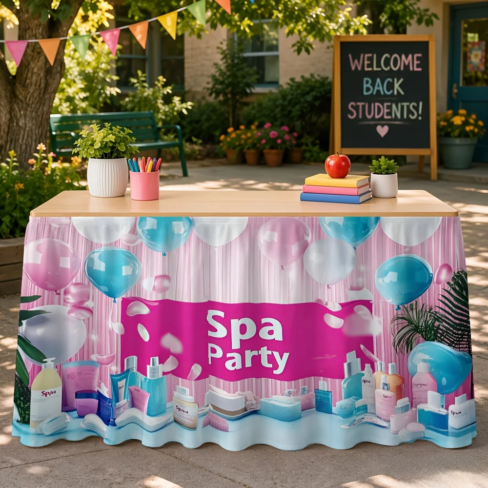 Spa party cosmetic balloon printed tablecloth and table skirt. Suitable for party events, kitchen and restaurant decoration.
