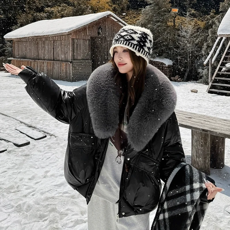 2025 Winter Women Down Cotton Coat Street Imitation Fur Collar Hooded Short Cotton Padded Jacket Female Basic Snow Warm Overcoat