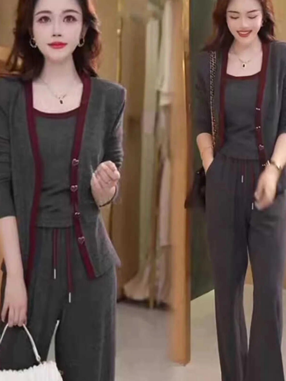 

Модный повседневный комплект-тройка: женский кардиган, свитер и брюки с широкими штанинами. Спортивный повседневный ансамбль. Осень 2026.