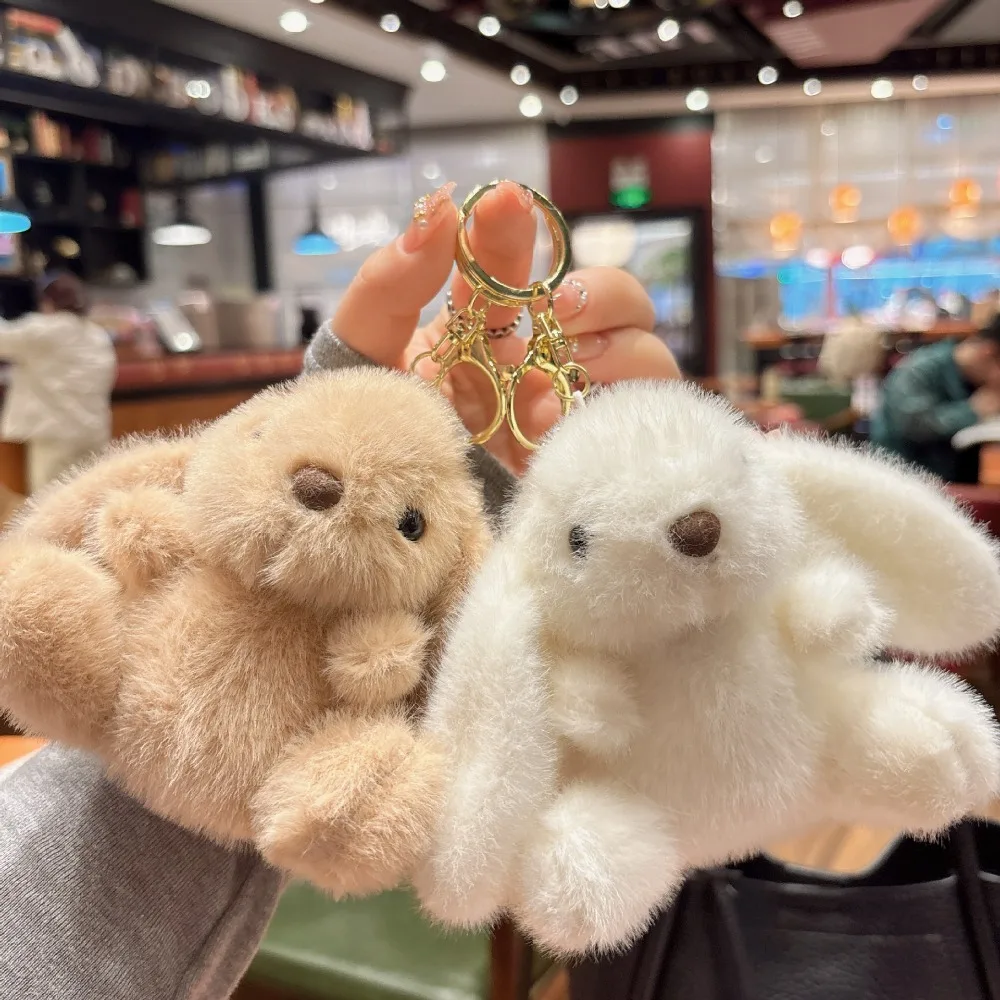 New Fluffy Rabbit Plush Doll Keychain Solid Color Pink Stuffed Toys Bag Pendant Gifts