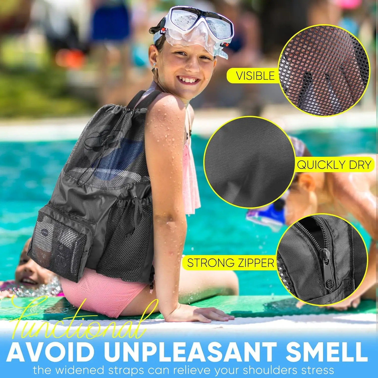 حقيبة شاطئ شبكية للسباحة، حقائب رياضية مقاومة للماء للنساء والرجال، حقيبة ظهر كبيرة برباط لمعدات السباحة #4