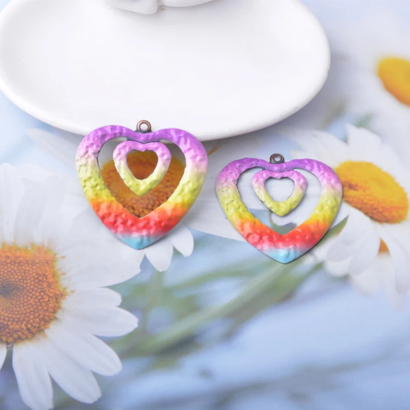 8 Stück/Set Sommer-Stil Eisen Regenbogenfarben Geometrie Herz Runde Anhänger Schmuckzubehör Bemalte Ohranhänger Damen DIY Accessoires – Detail 17
