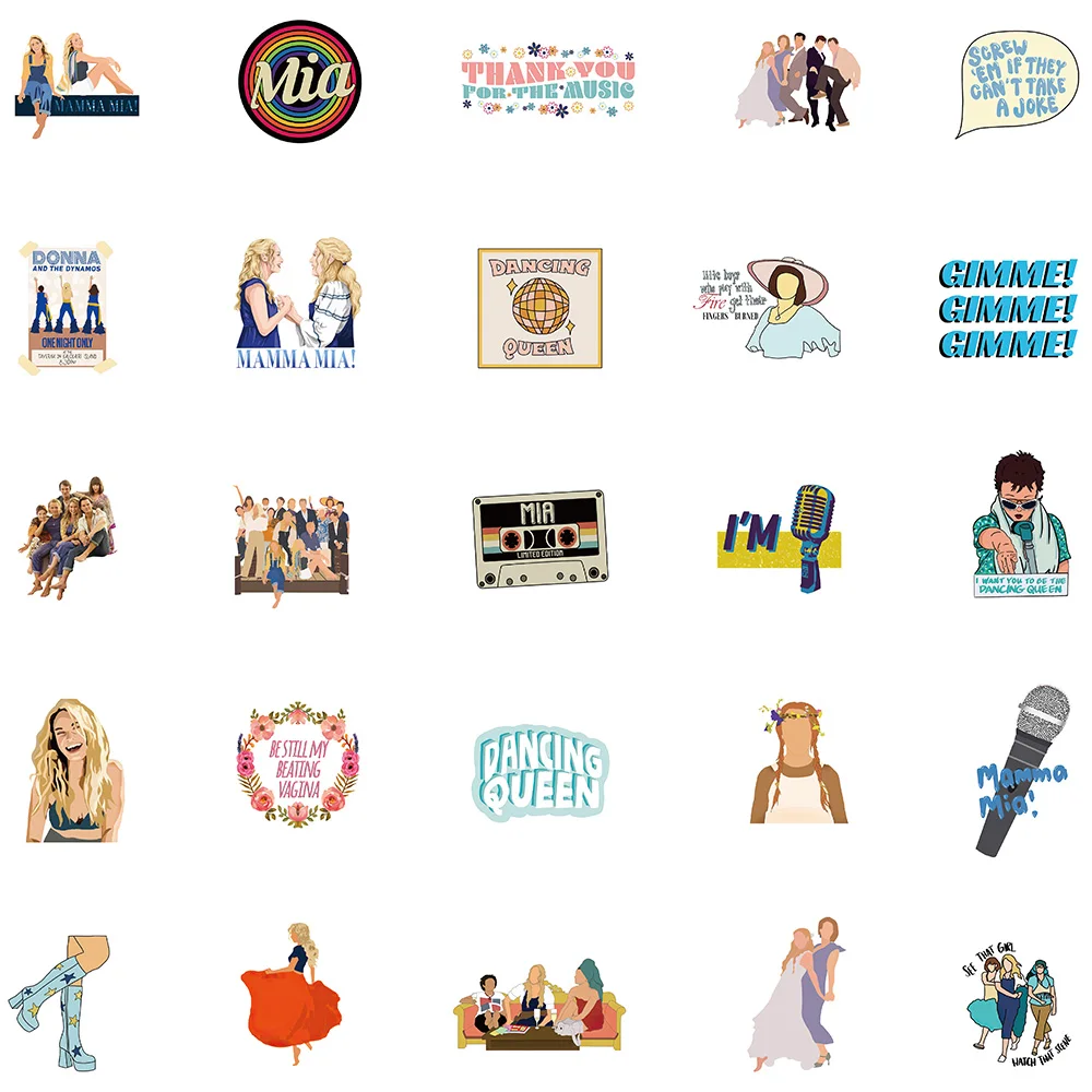 Mamma Mia Cartoon Stickers Pack para bagagem, laptop, guitarra, garrafa de água, skate, carro, vinil, decalques de grafite impermeáveis, 50pcs