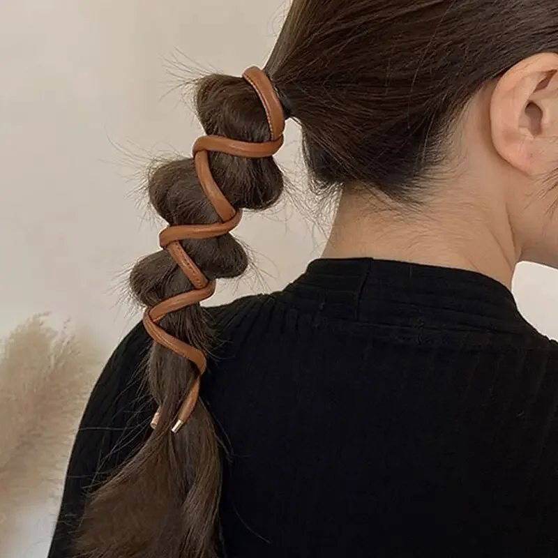 PU Leather Hair Rope Scrunchies Women Simple Long Wire Hair Ring Ties Braided Headband INS Ponytail Holder Hairpin Headdress