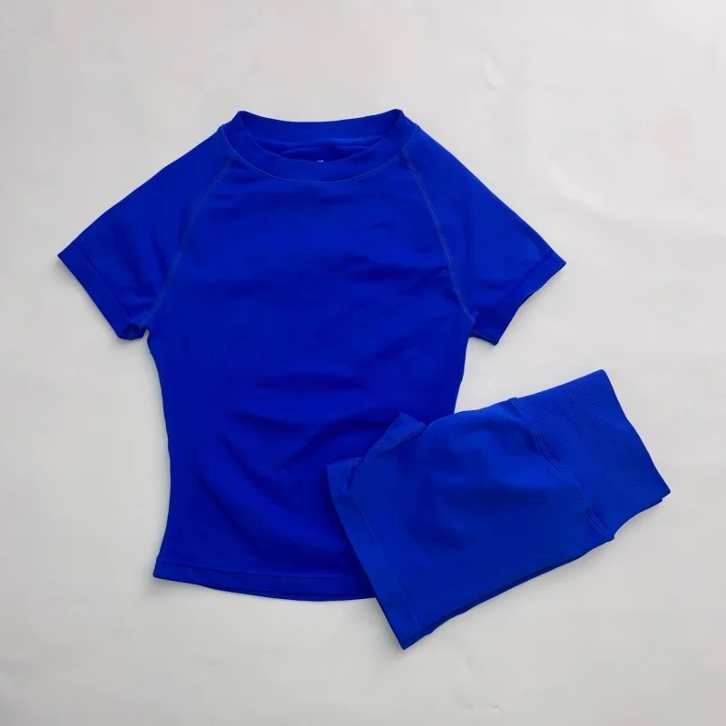 Lange gym crop top voor dames met hoge taille workout shorts sportpak fitnesskleding yogaset outfit met korte mouwen
