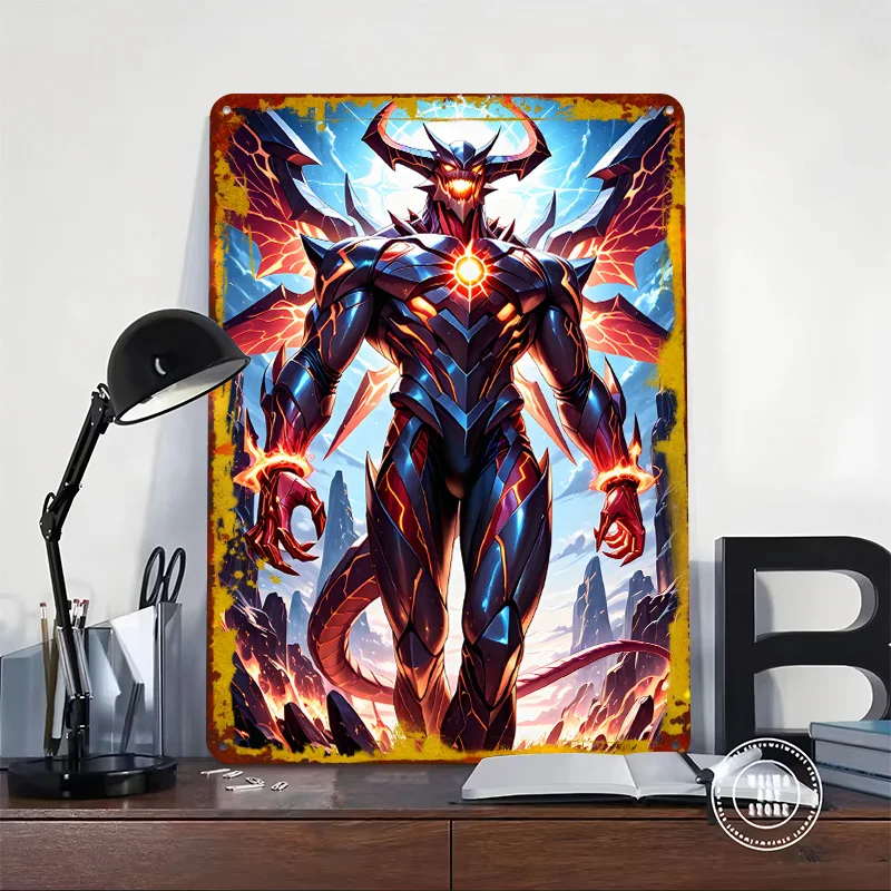 Armored Demon With Fiery Wings Poster Customized Wall Art Vintage Metal Signs Retro Tin Plaque for Man Cave Bathroom Decor Room