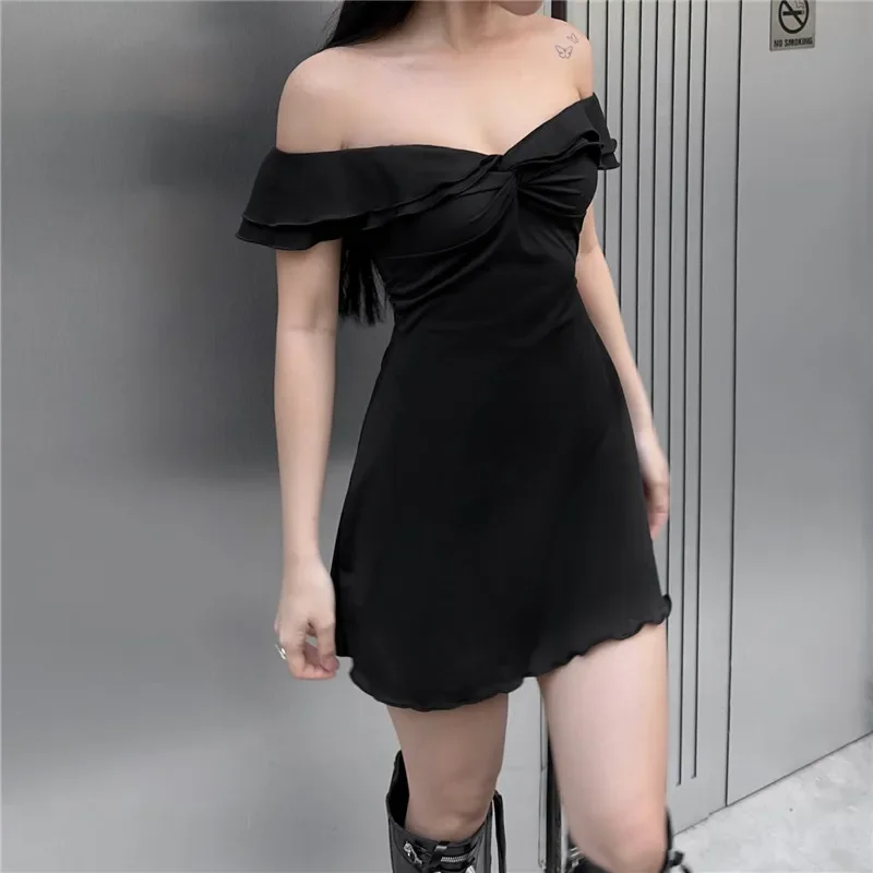 2023 neue Vintage Dark Solid Rüschen Hülse Mini Kleid Frauen Sommer Urlaub Kleid Gothic V-ausschnitt Falten A-linie Kleider Y2K Kleidung