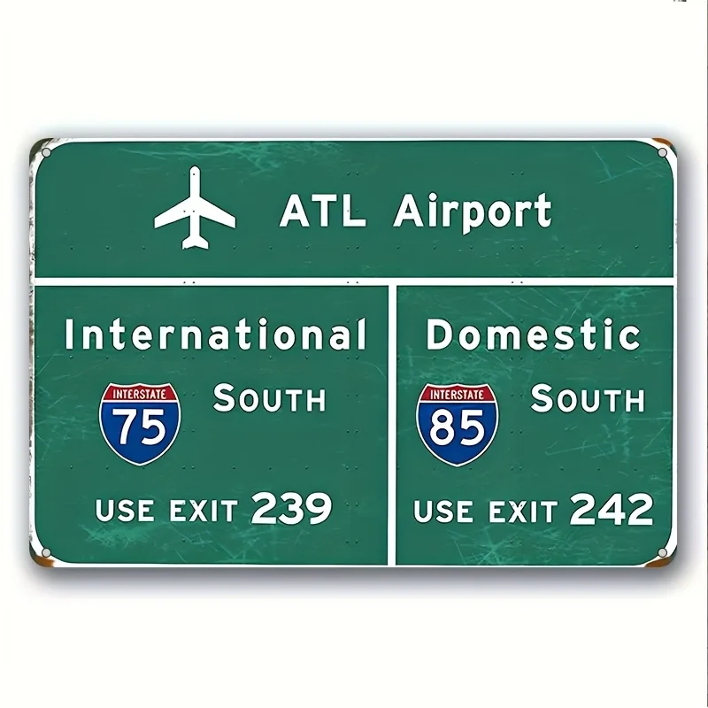 Vintage Atlanta Airport Metal Sign -  Decorative Wall Hanging with International & Domestic Directions, I-75 South Exit - Retro