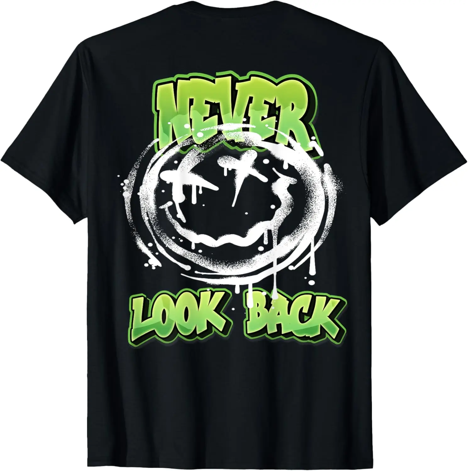 

Never Look Back Happy Face Black Graffiti Spray Pattern T-Shirt