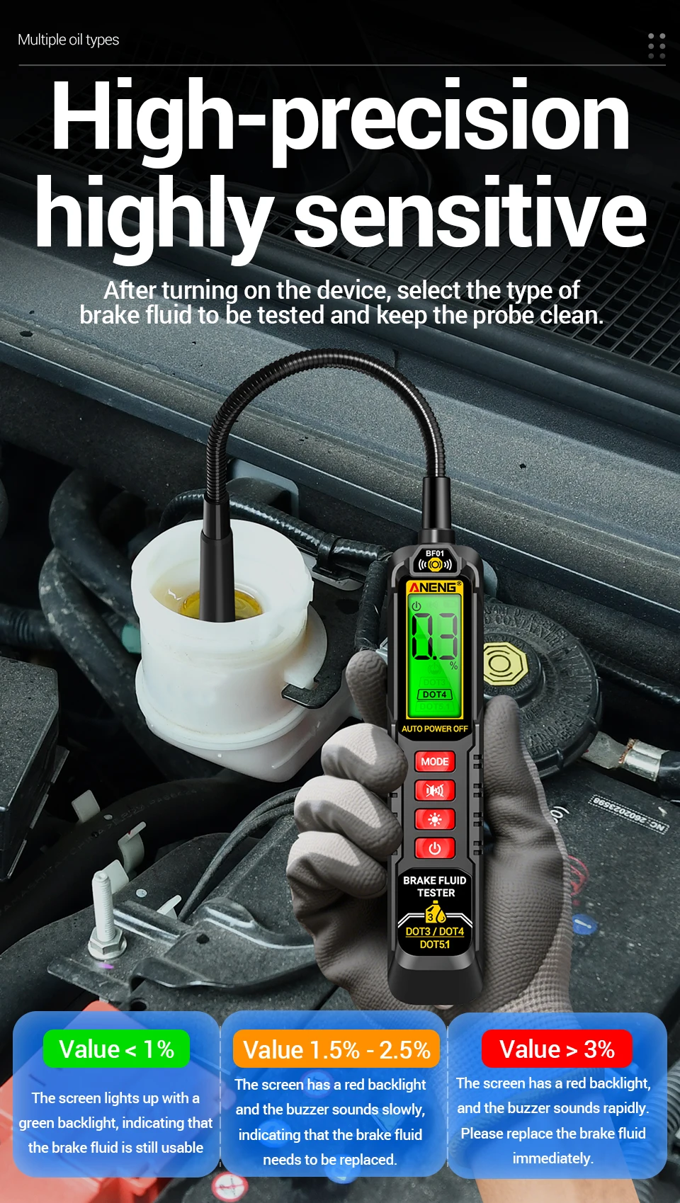 ANENG BF01 Bremsflüssigkeitstester Handgerät mit Digitalanzeige Akustischer/Sichtbarer Alarm Test RT01 Auto Digitales Relais-Detektionskit – Detail 5