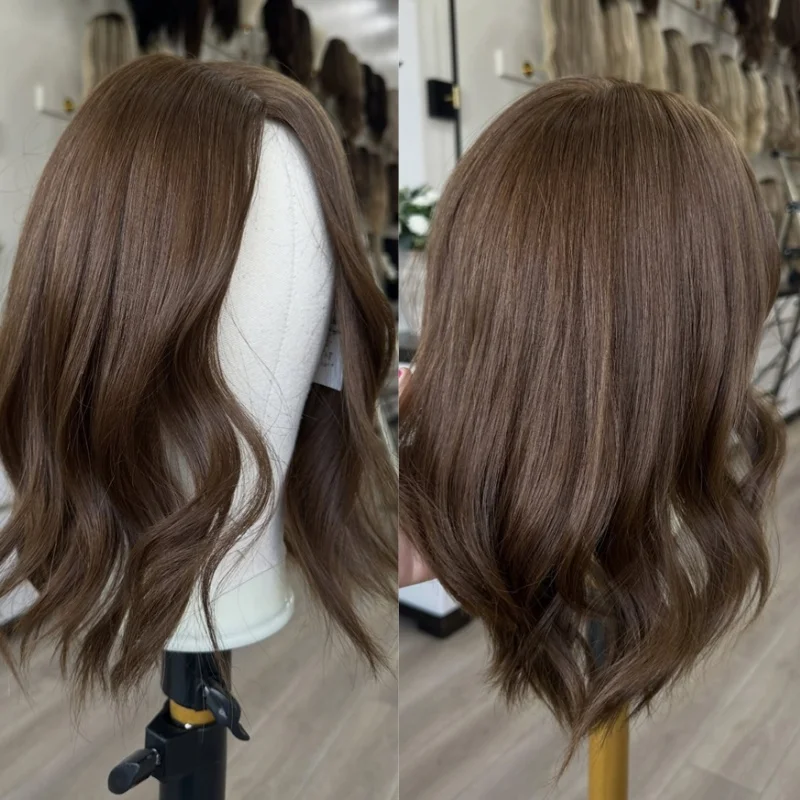 

Короткий парик-боб с шоколадно-коричневыми прядями, синтетический, с HD-кружевной передней частью, предварительно проработанная линия роста волос, 13x4, с центральным пробором, для вечеринок и повседневной носки