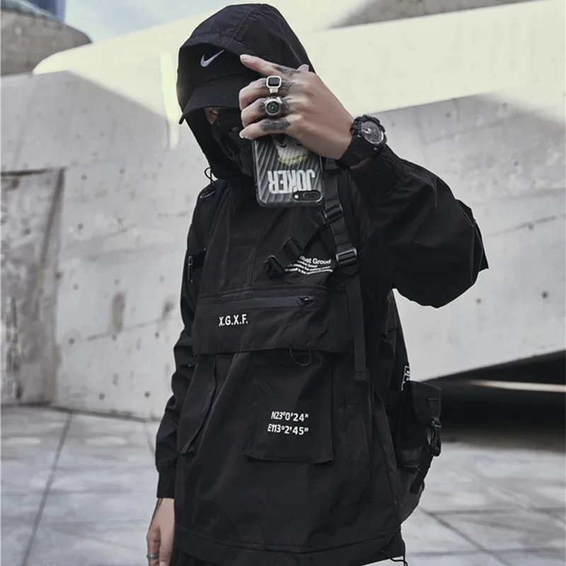 الرجال ملابس داكنة ربيع الخريف جديد المد شخصية التكتيكية سترة سفاري نمط شيك معطف مقنعين Techwear