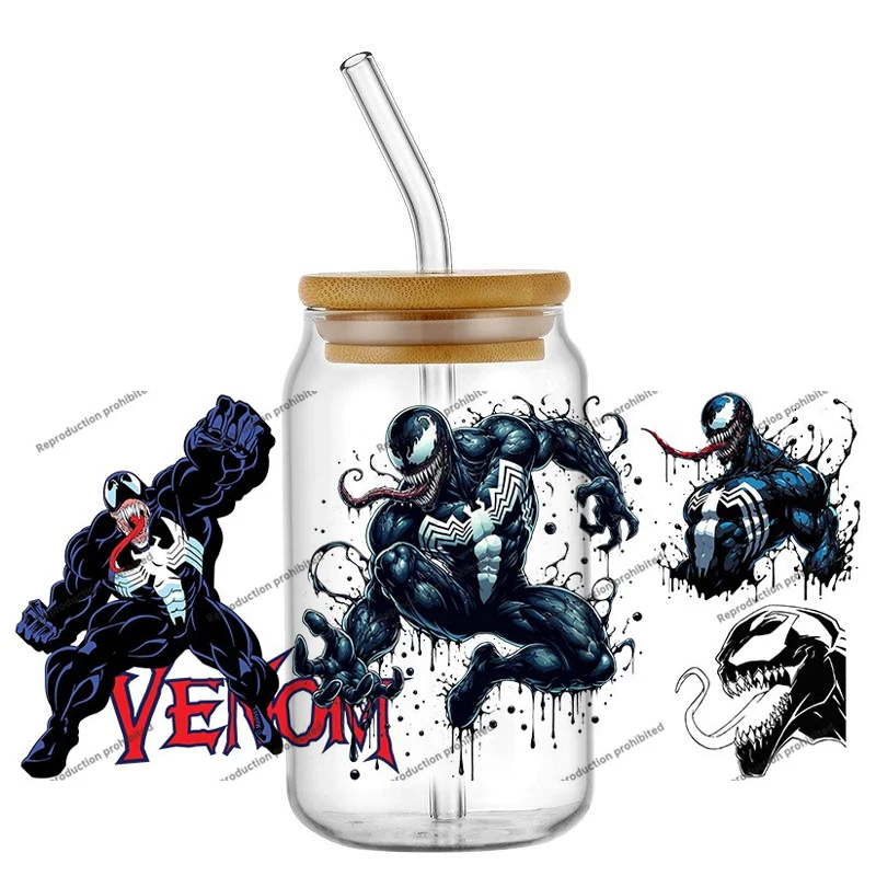 인기 베놈 16온스 UV DTF 핫 20 디자인 3D 스티커 슈퍼히어로 만화 패션 데칼 유리 캔 컵 머그 커피 공예 생일 선물