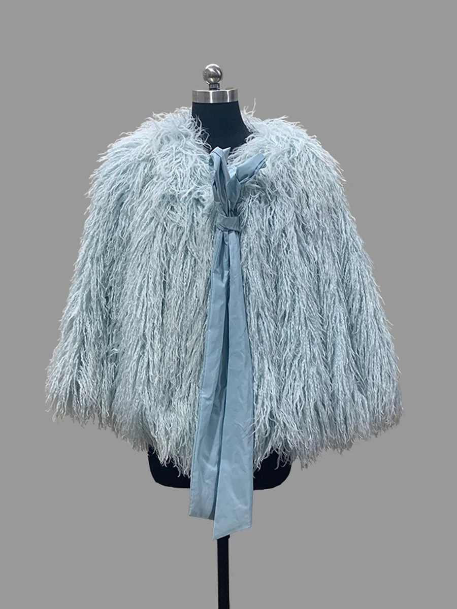 Nerazzurri Autumn Winter Short Bright Blue Thick Warm Shaggy Hairy Fuzzy Faux Mongolian Fur Coat Women Bow Fluffy Jacekte 2026