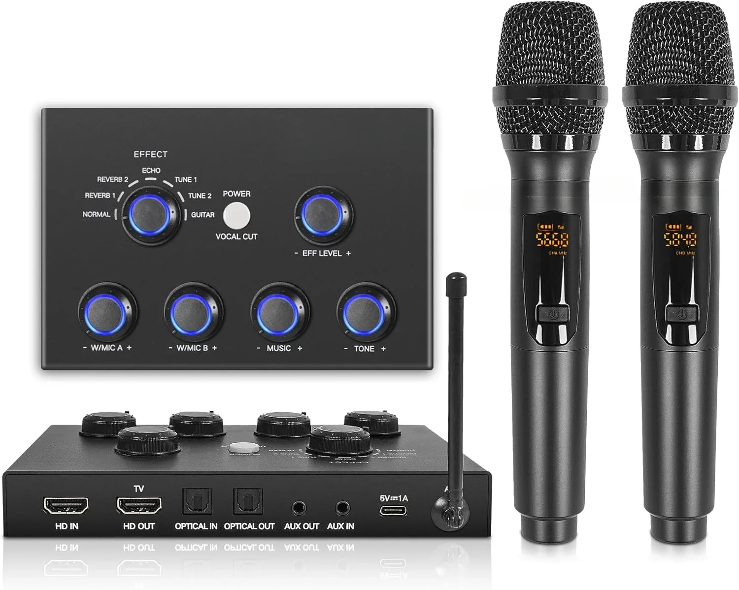 16 Channels Wireless Microphone Karaoke Mixer System w/ 2 Wireless Mics, HD ARC, Optical (Toslink), AUX