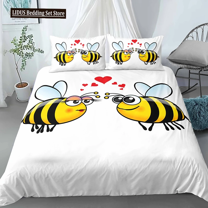 

Bee Duvet Cover Set Cartoon Cute Bees Kawaii Animals Polyester Comforter Cover With Pillowcase King Queen Full Size Bedding Set