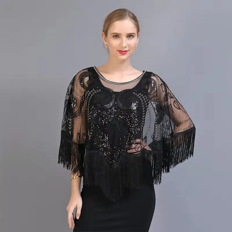 

2023 Spring Summer Women Mesh Versatile Capes Sequins Popular Japan Korea Fashion Party Lady Cloaks Poncho Black