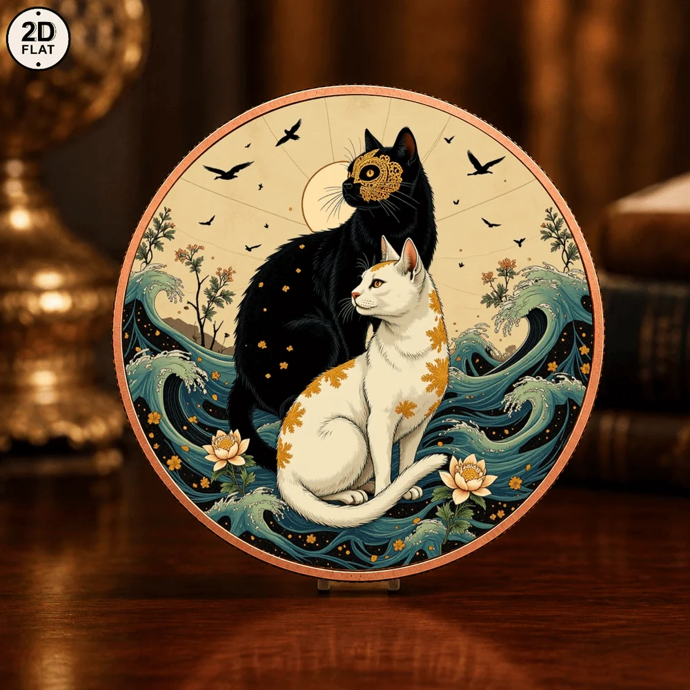 1pc 1oz Pure Copper Ukiyo-e Black White Cat Challenge Coin Color Print Japanese Wave Twin Cats Collectible Medal for Cat Lovers