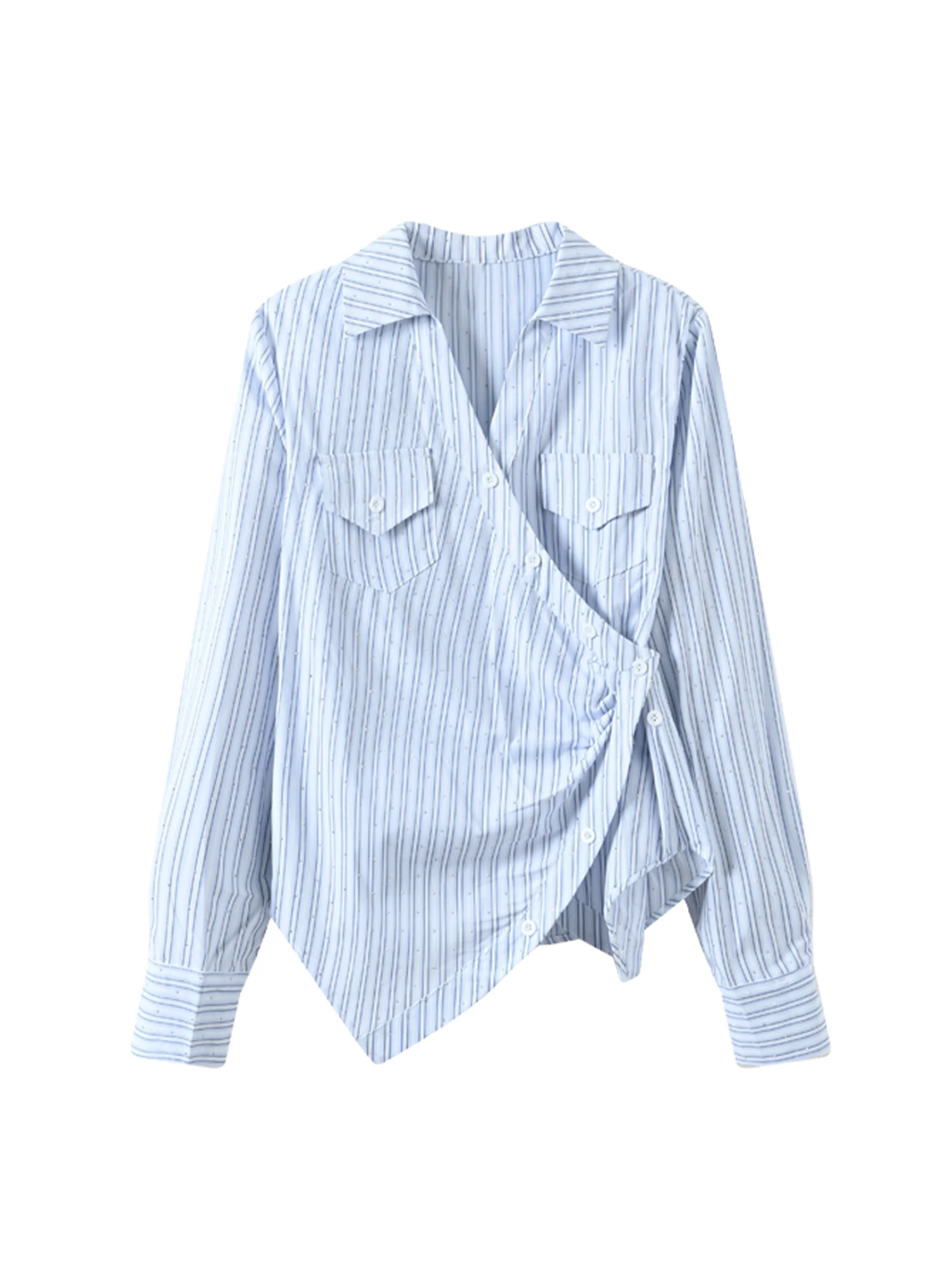 

Women Blue Striped Shirts Blouses Y2k Vintage 2000s Elegant Aesthetic Long Sleeve Polo-Neck Oversize Shirt Clothes Autumn Spring