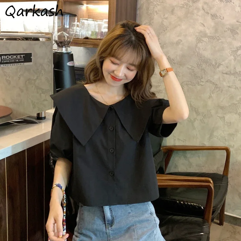 

Shirt Women Summer All Match Solid Loose Temperament Korean Style Trendy Button Casual Peter Pan Collar Clothing Mujer College