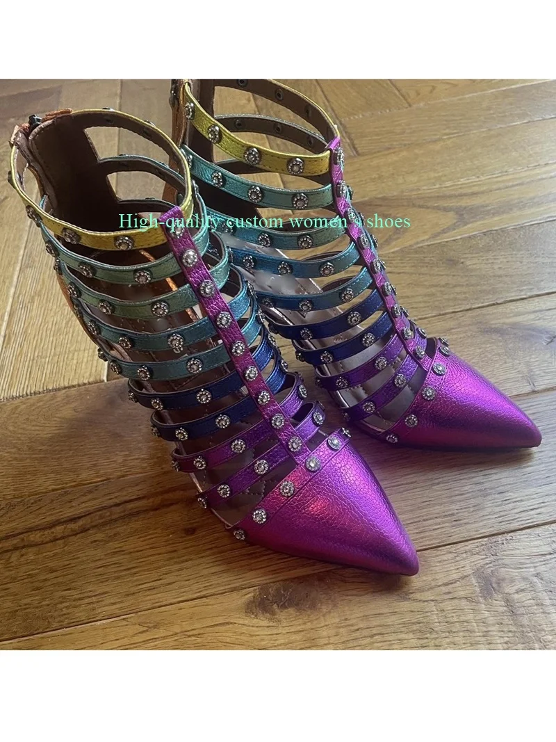 Pointed Purple Color-Blocked Version Thin Strap Combination Hollow Out Summer Ankle Boots Fashion Rivet Decoration Banquet Shoes