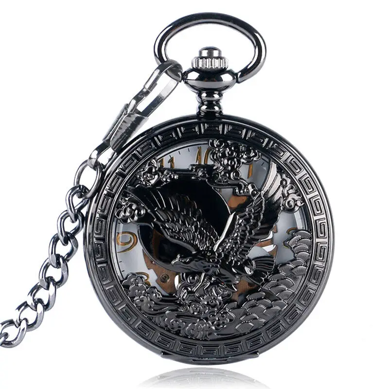 

2024 New Arrival Men's Black Hand Winding Mechanical Pocket Watch Skeleton Eagle Case Fob Chains Nice Gift