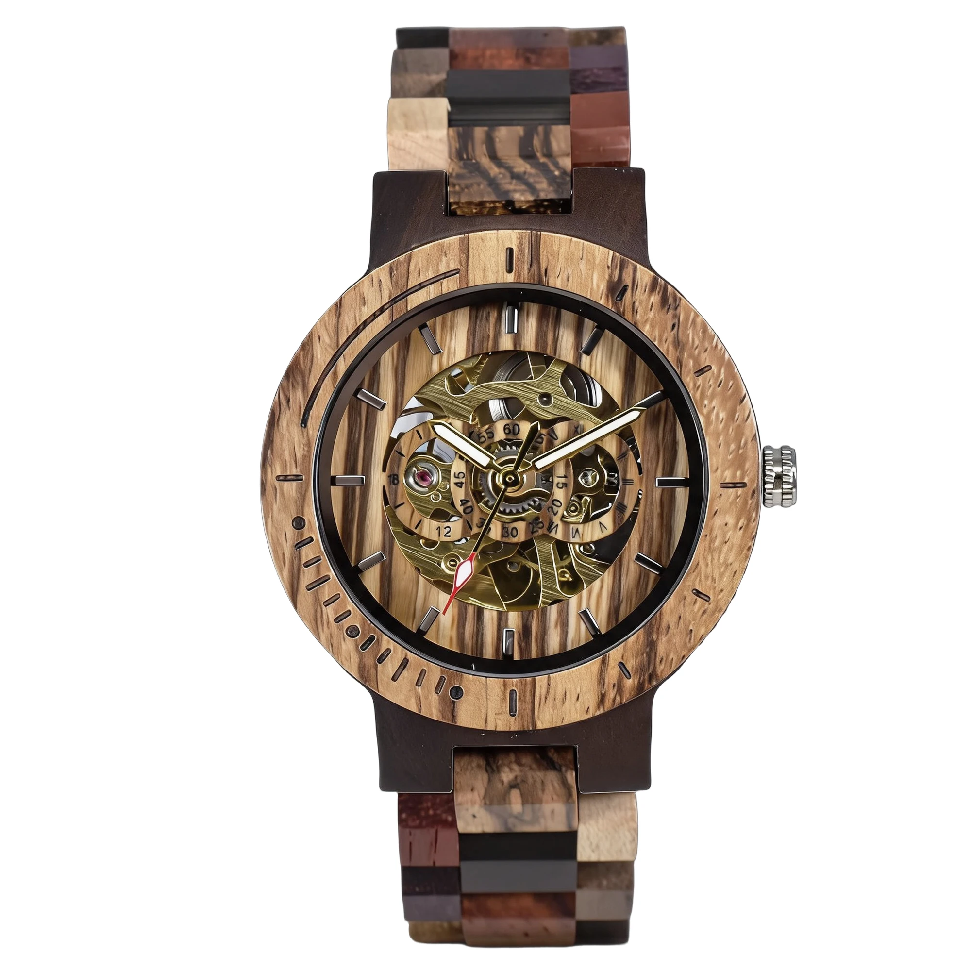 Skeleton Watch for Men with Automatic Mechanical Round Dial Pointer and Foldover Clasp Stylish Wristwatch