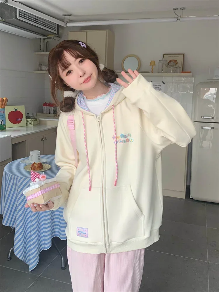 HOUZHOU Korean Cute Zip Up Hoodie Women Y2K Girly Kawaii Hooded Jacket Oversize Japanese Harajuku Sweet Embroidery Outerwear