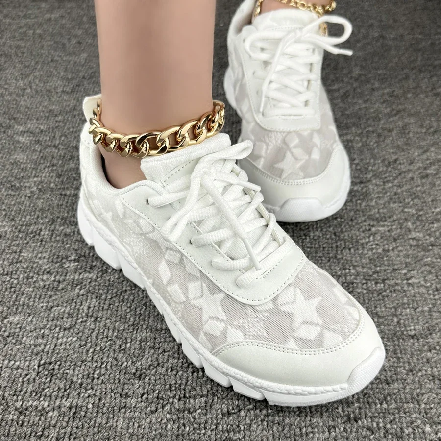 Spring Sneakers Mesh for Women White Breathable Sports Casual Shoes Lace-up Round Toe Lightweight Soft Sole Comfortable Running