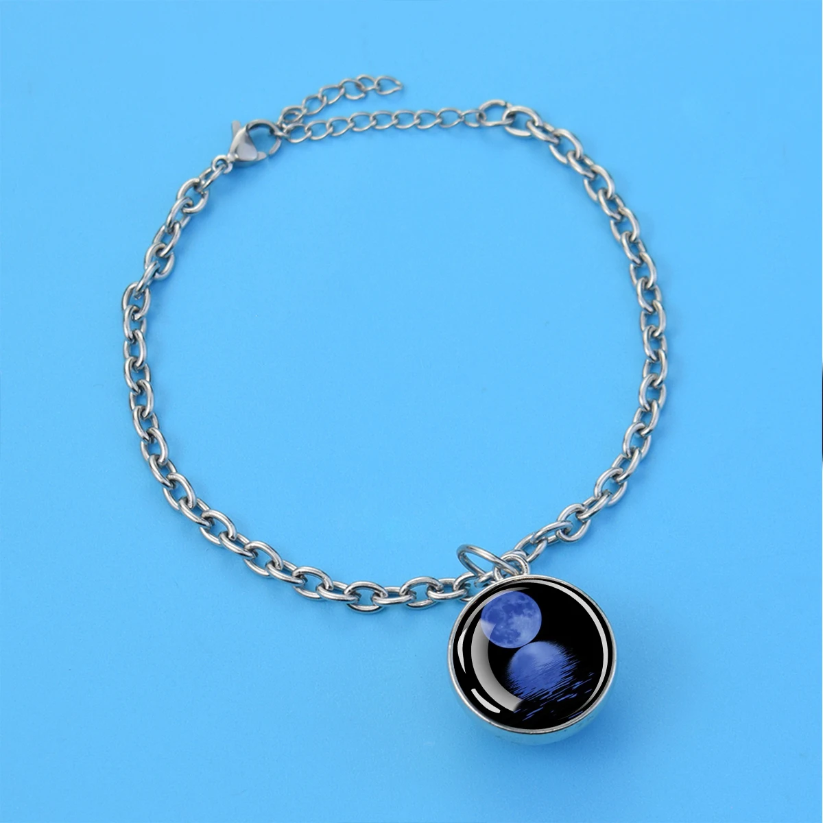 1pc Red Blue Full Moon Theme Glass Ball Pendant Fashion Bracelet Jewelry Adjustable Chain Bracelet Birthday Gifts Accessories
