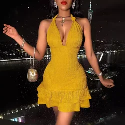 Dress Women Mini Dresses V Neck Halter Bodycon Temperament Sexy Sleeveless Party Elegant Splice Night Vestidos High Waist