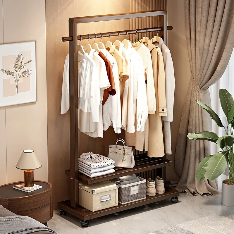 Solid wood hanger Floor hanging hanger Bedroom coat rack Household mobile hanging clothes rack Indoor simple drying rack