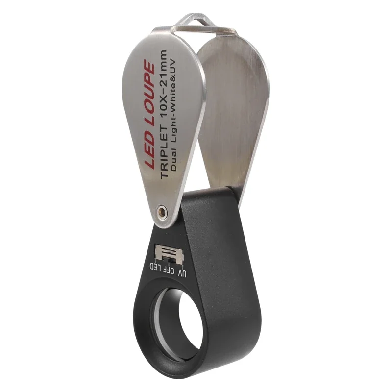 보석상 루페 삼중 렌즈 확대경, 보석, 보석, 동전, 우표용 6 LED UV 라이트, 10X 확대, 21mm