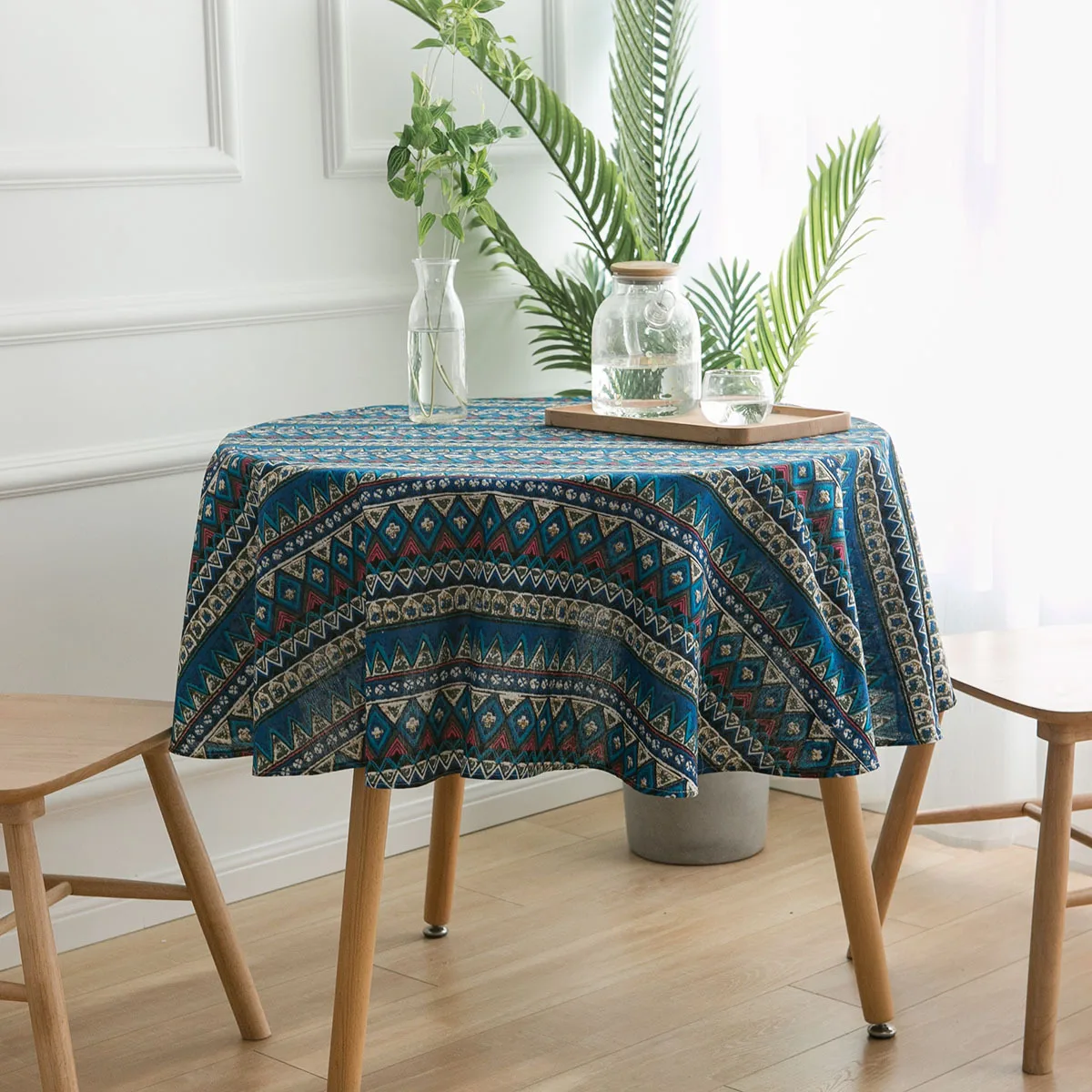 Bohemian Blue Tablecloth Geometric Print Tablecloth Mediterranean Style Napkin Cotton Linen Print Coffee Table Cover Towel