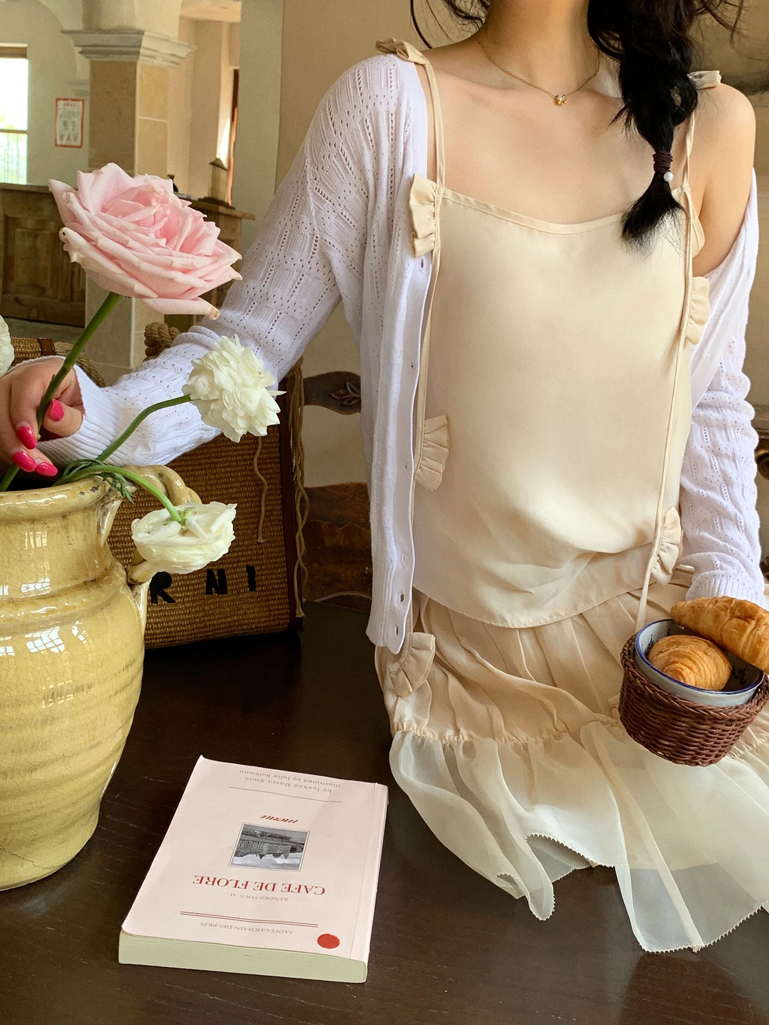 

Betchow Ivory Silk Floral Strap ter f Skirt Summer Casual Fairy Tailored Skirt Commute Sle Straight Cut