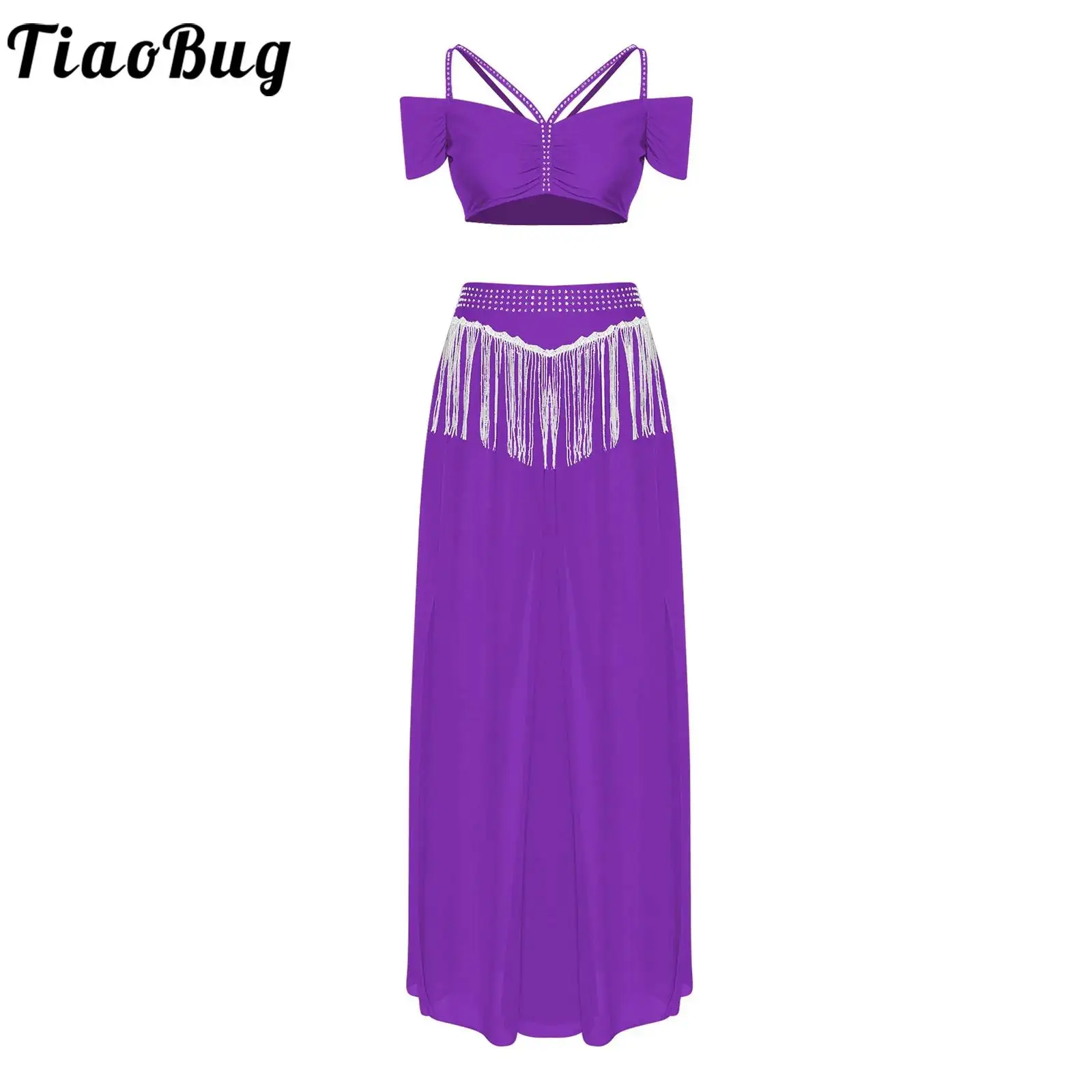 Roupa feminina oriental indiana para dança do ventre, fantasia de performance com strass, top curto com culotes, chiffon, pernas largas, roupa de dança