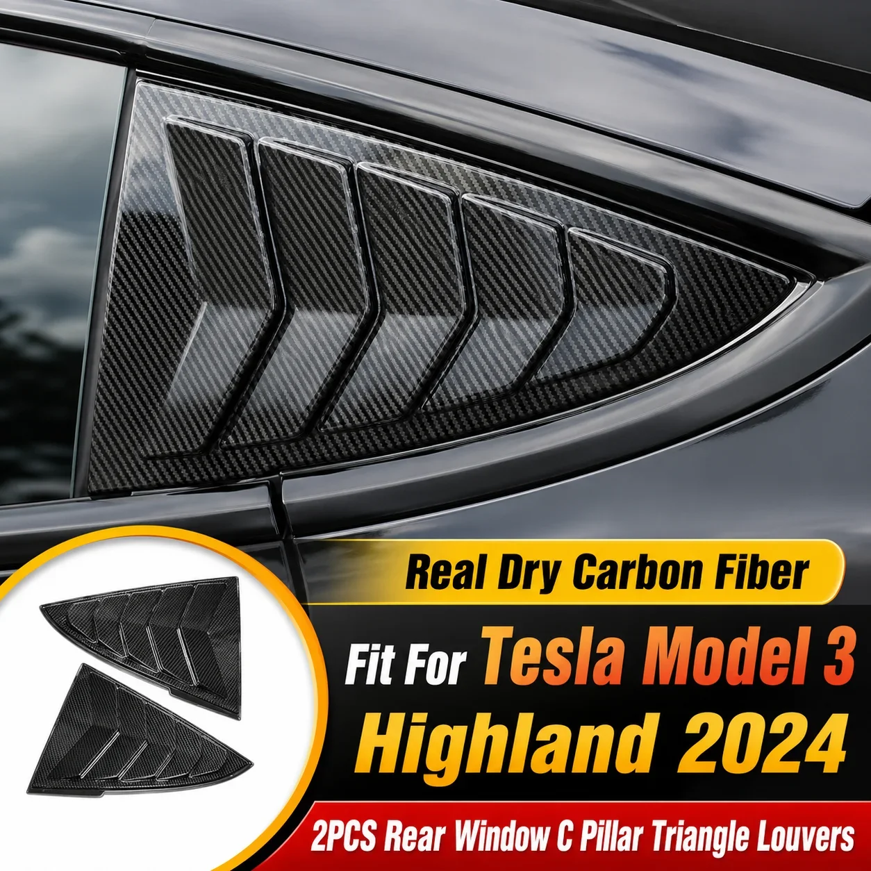 2pcs Car Carbon Fiber Accessories For Tesla Model 3 Highland 2024 Car Rear Window C Pillar Triangle Louvers Shutter Cover Trim