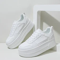 Women's White Sports Shoes Thick Bottom Height Increasing Walking Sneakers Comfortable Round Head Casual Lace Up Flats