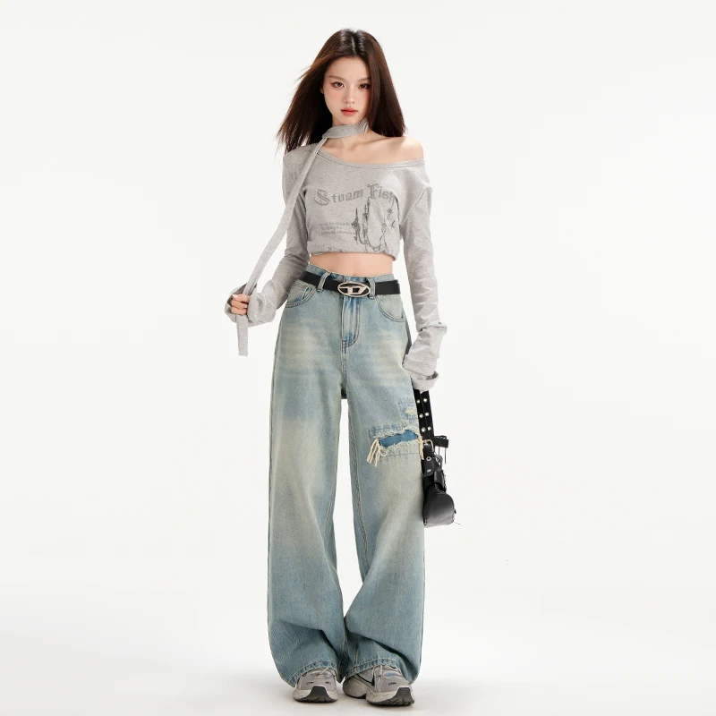 

American retro washed distressed loose wide-leg jeans