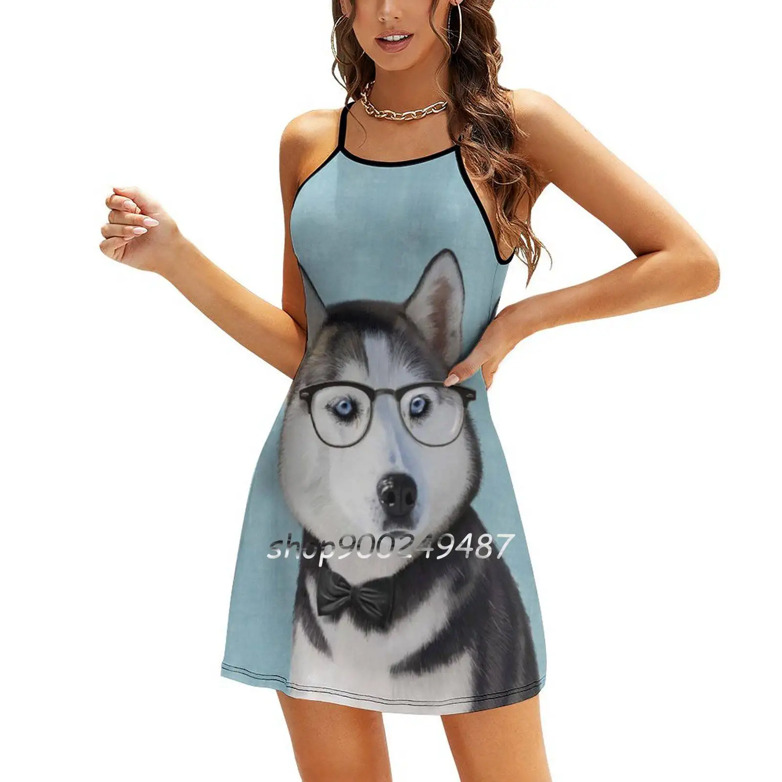 Mr Siberian Husky Slim Dress With Hollow Waist Autumn Winter Sexy Multiple Styles Dresseses Light Blue Pet Dog Cute Siberian