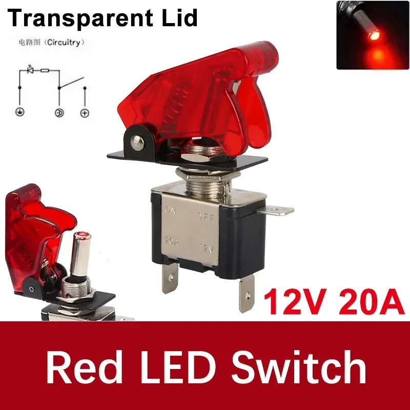 Beleuchteter LED-Kippschalter für Auto, Auto, Boot, LKW, mit Sicherheitsflugzeug, hochklappbarer Abdeckungsschutz, 12 V, 20 A, transparent
