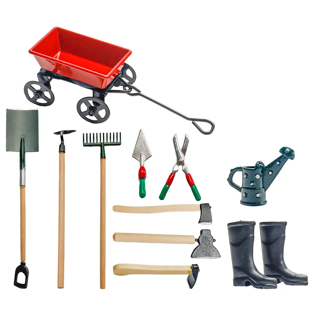 

Miniature Gardening Tools Shovels 3 Rakes 3 Axes Black Boots Pair Green Watering Can Mini House Decor Accessories DIY Crafts