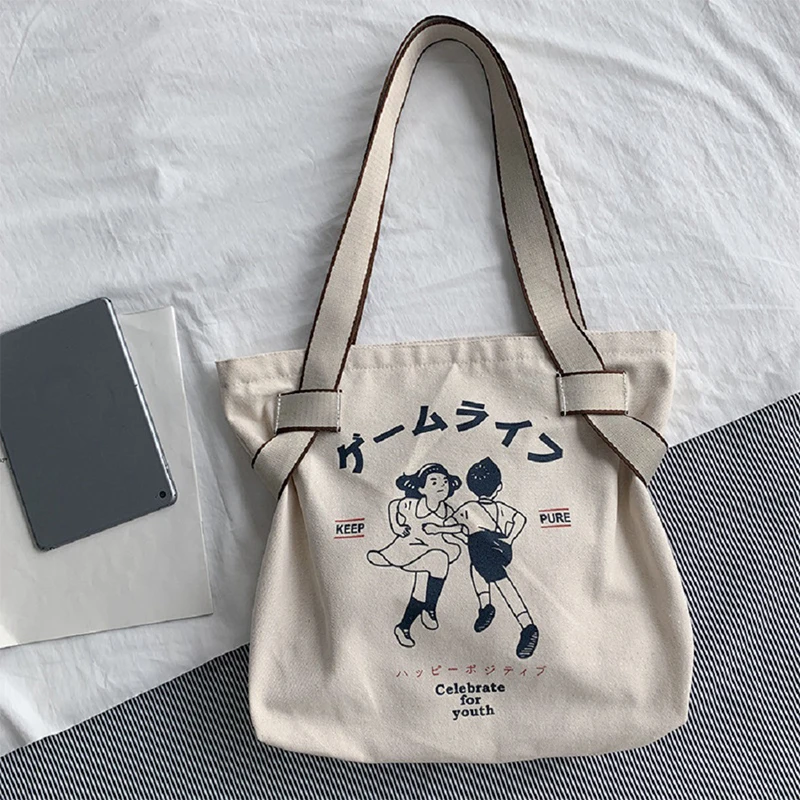 Fashion Shopper Bag High-Capacity Canvas Shopper Shoulder Bags Japanese Style Retro Cartoon Anime Tote Bag Aesthetic Tote Bag